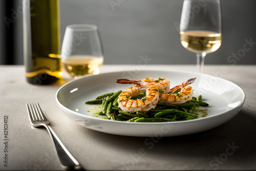Grilled shrimp with green beans on a plate served with white wine  generative AI
