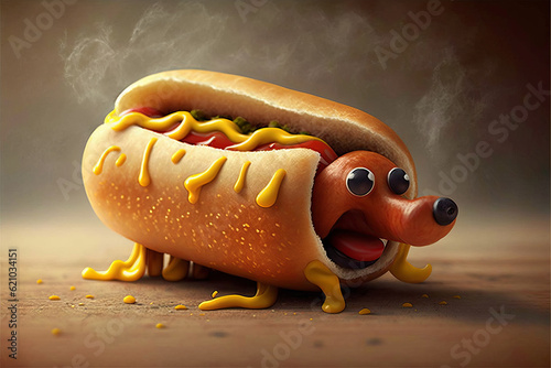 Fotografia Cartoon hot dog looking like a real dog, fun and silly illustration, generative