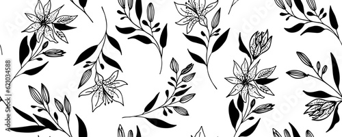 Seamless pattern vintage  lilly flowers on white background.Vector illustration doodle style.For used wallpaper design,textile fabric or wrapping paper