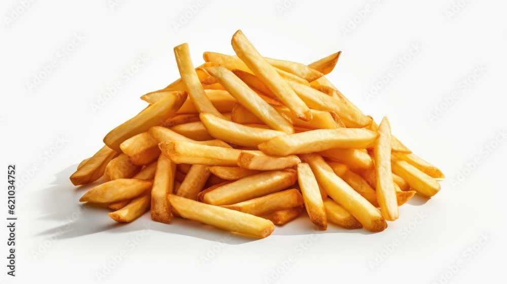 Uncooked fries in a mound on a white backdrop. portions of uncooked fries. fried potatoes served uncooked Uncooked fries in a mound on a white backdrop. portions of uncooked fries. fried potatoes served uncooked
