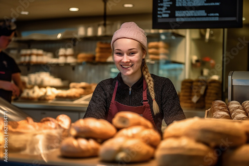 Smiling saleswomen at the bakery. AI generative.