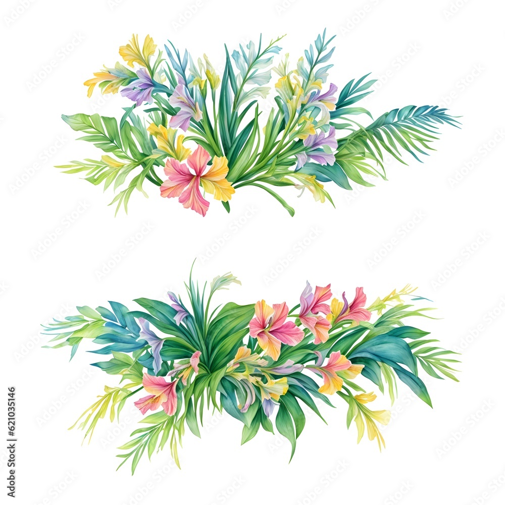Fototapeta premium Watercolor drawing with Gladiolus and leaves. Mother's Day card. Floral design with Gladiolus flowers. Templates for design, botanical illustration in watercolor style. Generative AI