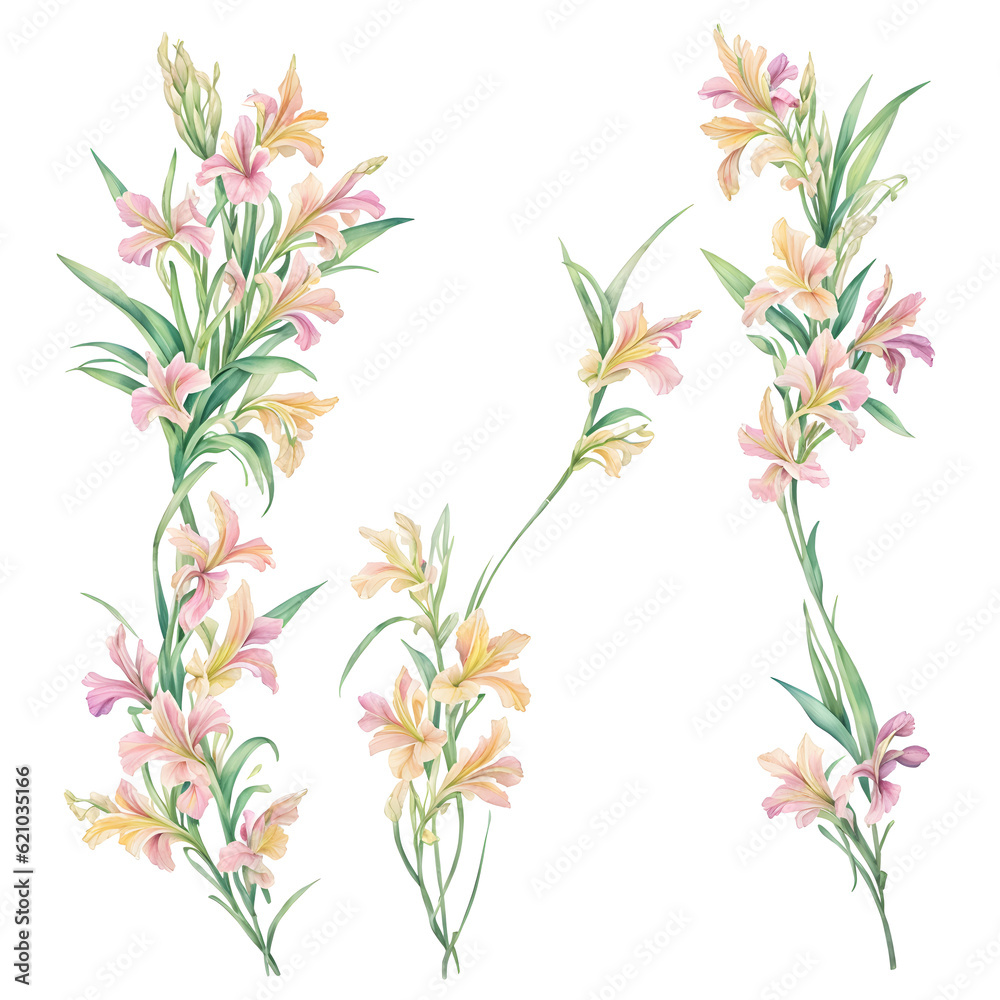 Watercolor drawing with Gladiolus and leaves. Mother's Day card. Floral design with Gladiolus flowers. Templates for design, botanical illustration in watercolor style. Generative AI