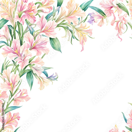 Watercolor drawing with Gladiolus and leaves. Mother s Day card. Floral design with Gladiolus flowers. Templates for design  botanical illustration in watercolor style. Generative AI