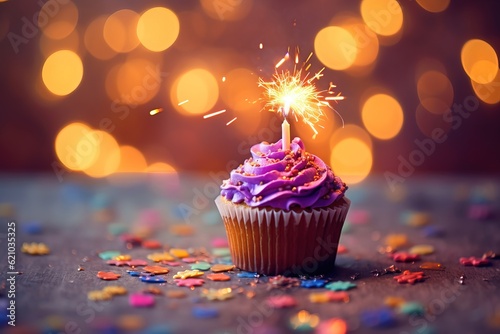 Colorful birthday cupcake with sprinkles and burn candle. Generative ai image