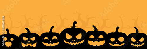 Halloween pumpkin silhouettes with different emotions on orange background. Halloween banner. vector illustration