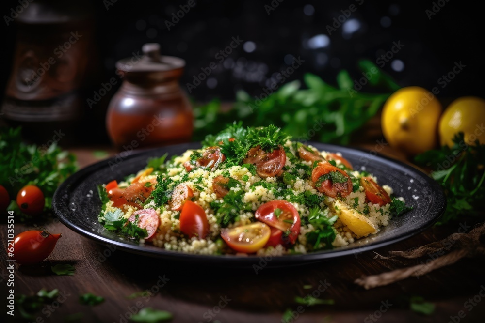 A plate of couscous and tabbouleh salad sat on the dark table. Salad Levantine with bulgur, tomato, and mint