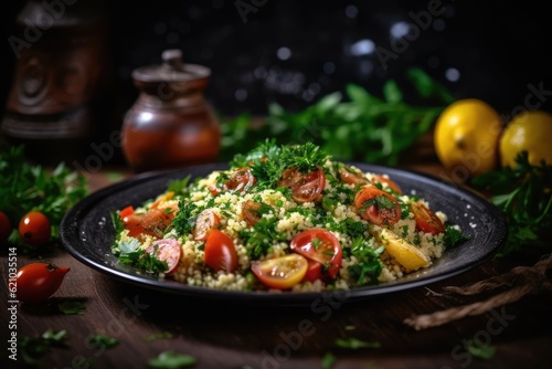 A plate of couscous and tabbouleh salad sat on the dark table. Salad Levantine with bulgur, tomato, and mint