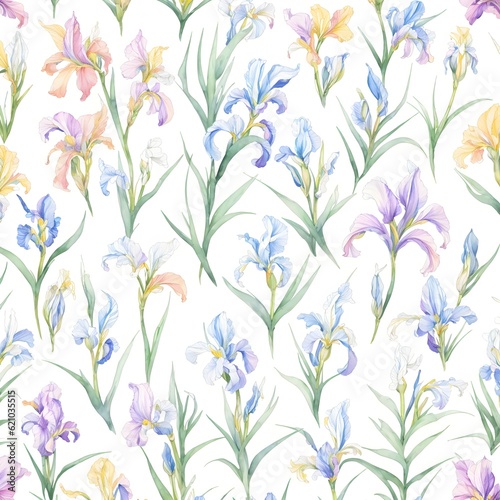 Watercolor drawing with irises and leaves. Mother s Day card. Floral pattern for wallpaper or fabric with iris flowers. Templates for design  botanical illustration in watercolor style. Generative AI