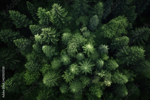 Aerial shot of evergreen coniferous forest  top down view. Generative ai image