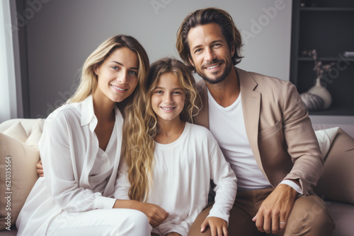 Happy family portrait  mother father and child sitting on the couch at home smiling