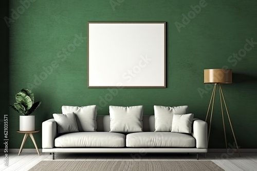 The interior design mock-up depicts a living room with an empty canvas frame against a green wall texture.