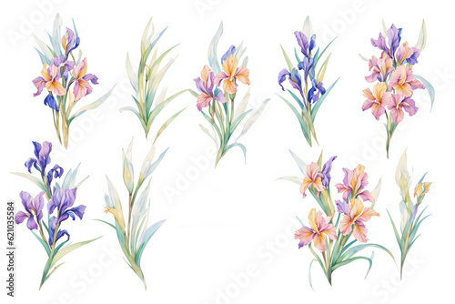 Watercolor drawing with irises and leaves. Mother's Day card. Floral pattern for wallpaper or fabric with iris flowers. Templates for design, botanical illustration in watercolor style. Generative AI