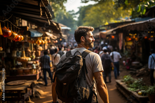 Candid shot of tourists exploring a bustling local market, tourist, trips Generative AI photo