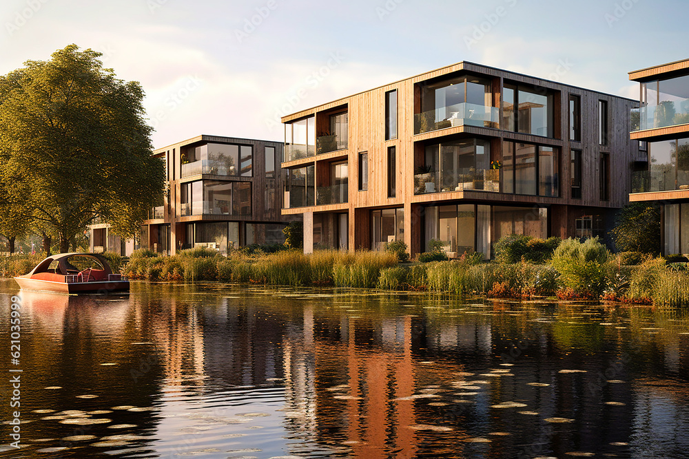 Obraz premium Modern and environmentally friendly apartment buildings built over water. AI generativ.