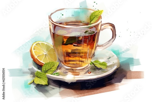 An image of a cup of tea with mint, cinnamon, and lime flavors is isolated on white. made using generative AI tools