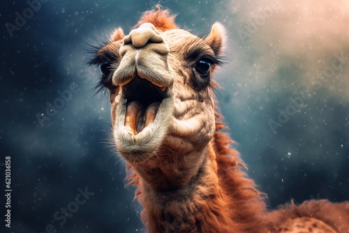 Camel in desert, funny portrait. Generative ai image