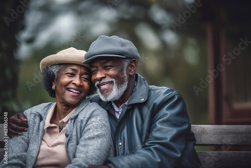 Illustration of an black elderly couple sitting on a bench together created with Generative AI technology © Nedrofly