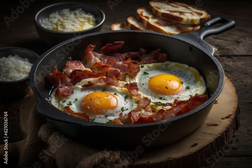 Eggs and bacon cooked in a cast iron pan in a rustic setting, generative AI