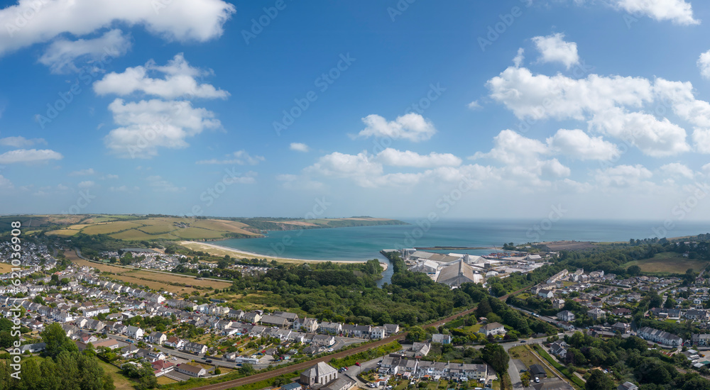 An aerial view looking across the town of Par towards the beach in Cornwall, UK