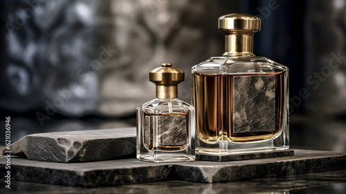 Luxury Perfume Two Glass Fragrance Bottles on Granite Stone