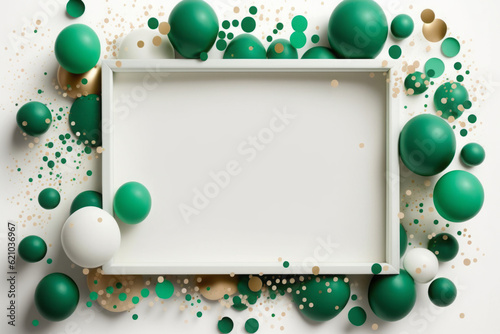 White frame on white background with green balloons and confetti, generative AI