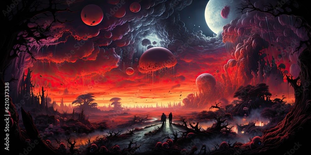 Obraz premium Psychedelic aliens and a car in the space mushrooms scenery