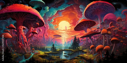 Psychedelic aliens and a car in the space mushrooms scenery