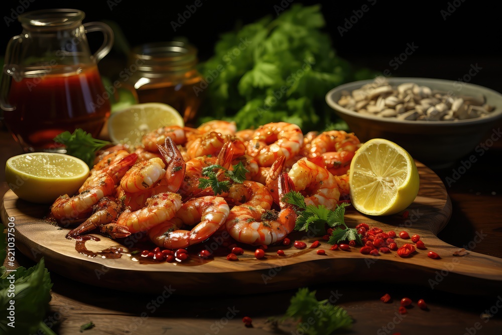 Shrimp with sauce and lemon on a wooden board