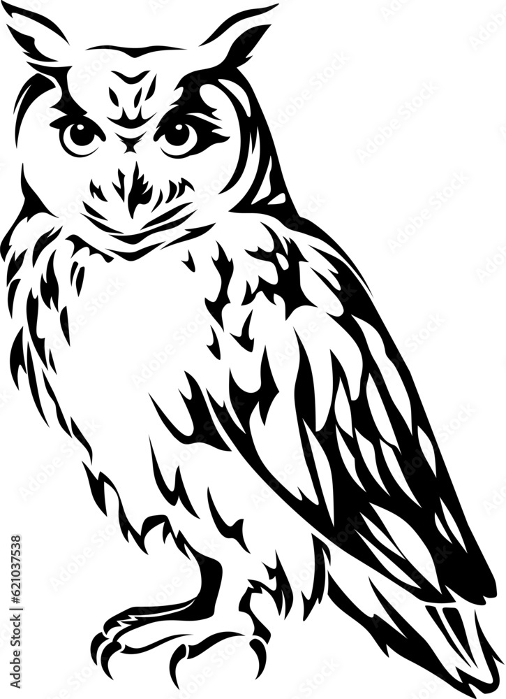 Owl. Black silhouette of a sitting owl isolated on a white background. Vector illustration