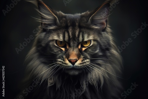 Portrait of majestic beautiful maine coon cat on black background. © nuclear_lily