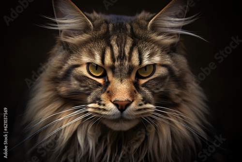 Portrait of majestic beautiful maine coon cat on black background.
