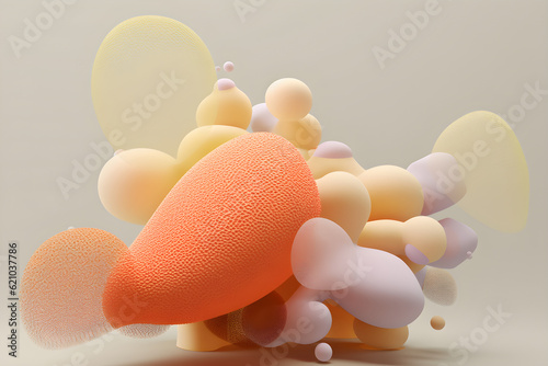 Colorful soft pop abstract organic rubber blobs and shapes, purple, orange, isolated on beige background. Abstract scene. copy space.  Generative ai (ID: 621037786)