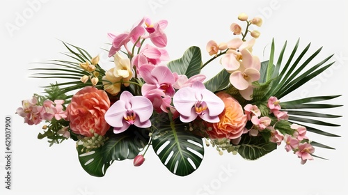 Flower arrangement with orchids and palm leaves isolated on white background. Generative AI photo