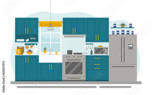 Kitchen interior in a modern and cozy house. Concept vector illustration in flat style.