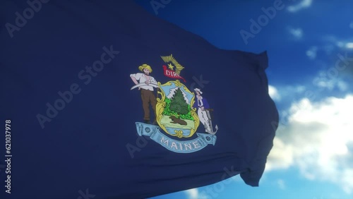 Maine flag waving in the wind, blue sky background photo