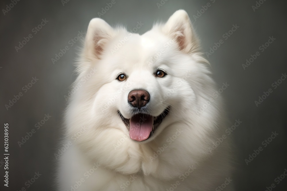 Portrait of happy cute white Samoyed dog