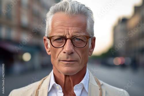 Serious gray hair elderly man in glasses looking at camera on city street, headshot. Generative AI