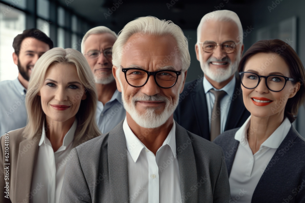 Happy elderly male businessperson in glasses surrounded by business team, associates. Generative AI Happy elderly male businessperson in glasses surrounded by business team, associates. Generative AI