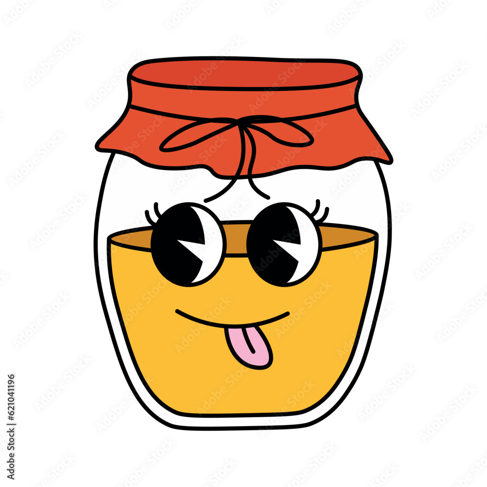 Funny groovy retro clipart glass jar with honey. Honey jar character in 70s cartoon style. Vector illustration isolated on white background Funny groovy retro clipart glass jar with honey. Honey jar character in 70s cartoon style. Vector illustration isolated on white background
