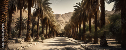 AI generative image of oasis in the desert with lushing tall palm trees