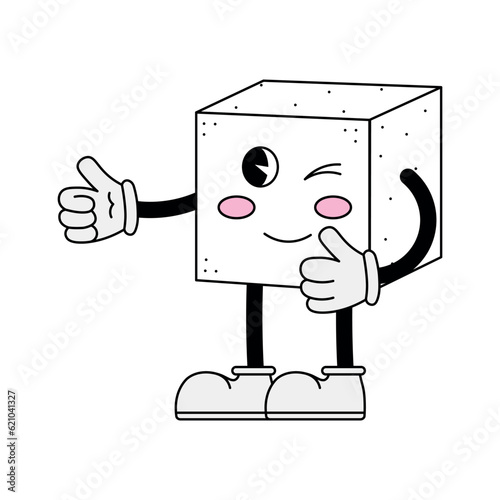 Sugar cube character in 70s cartoon style. Funny character in retro style. Vector illustration isolated on white background