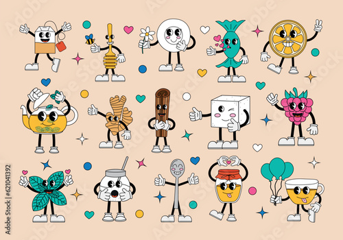 Tea set funny cartoon characters in 70s style. Modern illustration with cute characters wearing gloves