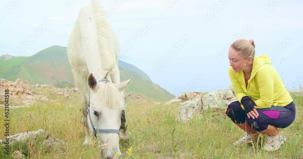 Beautiful moment human and animal. The woman sits, relax and looks at beautiful white horse. Love for pets. Mountain hill in steppe. Relaxing and interaction with nature and domestic horse outdoors Beautiful moment human and animal. The woman sits, relax and looks at beautiful white horse. Love for pets. Mountain hill in steppe. Relaxing and interaction with nature and domestic horse outdoors
