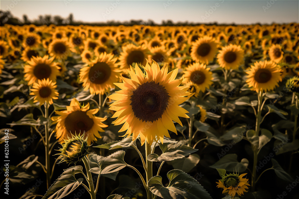 AI generative image of sunflower field in the evening time