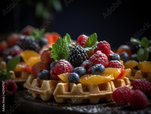 Crispy Waffles with Fruit Close-Up Photography AI Generated