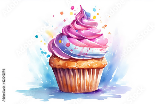 Watercolor cupcakes with cream and sprinkles on white background. Generative AI 