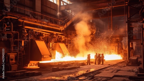 Production of steel and heavy metals in electric furnace in production. Generative ai image.