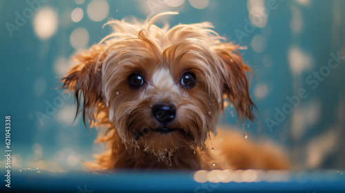 yorkshire terrier taking a shower - Generative AI