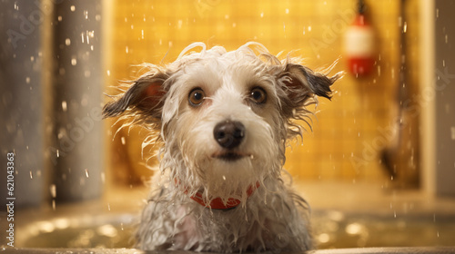 jack russell terrier taking a shower - Generative AI
